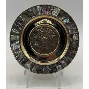 Vintage Mayan Calendar Plate – Alpaca Silver & Abalone Shell – Mexico Aztec Art